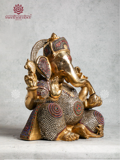 Ganesha Brass Sculpture With Stone Work
