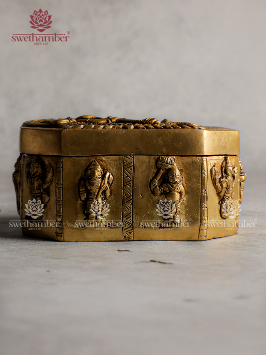 Traditional Brass Storage Box with Lord Vishnu on Sheshnag Lid