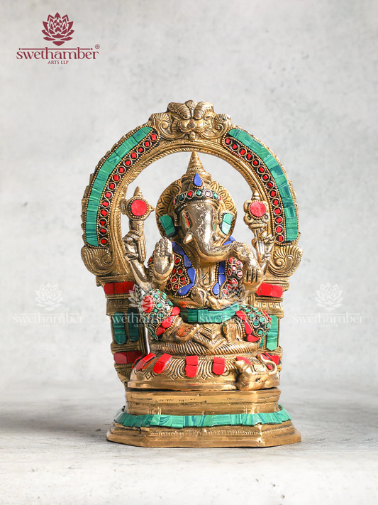 Brass Ganesh Idol With Decorative Arch Stone Work