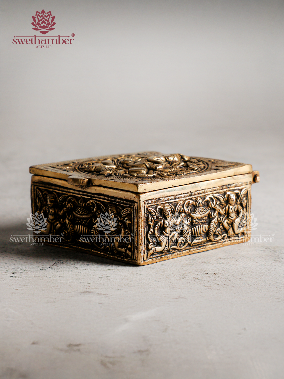 Handcrafted Brass Box with Lord Ganesha Carving on Lid