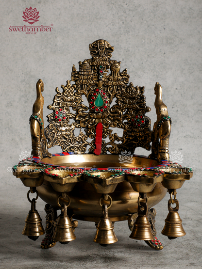 Decorative Brass Urli with Bells and Diyas for Entrance Décor