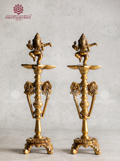 Dancing Ganesha Lamp Set | Brass Dancing Ganapati Deepa for Pooja & Home Décor
