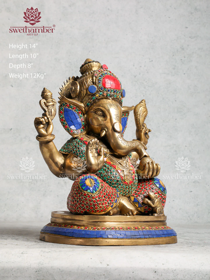 Brass Ganesha  Statue With Stone Work