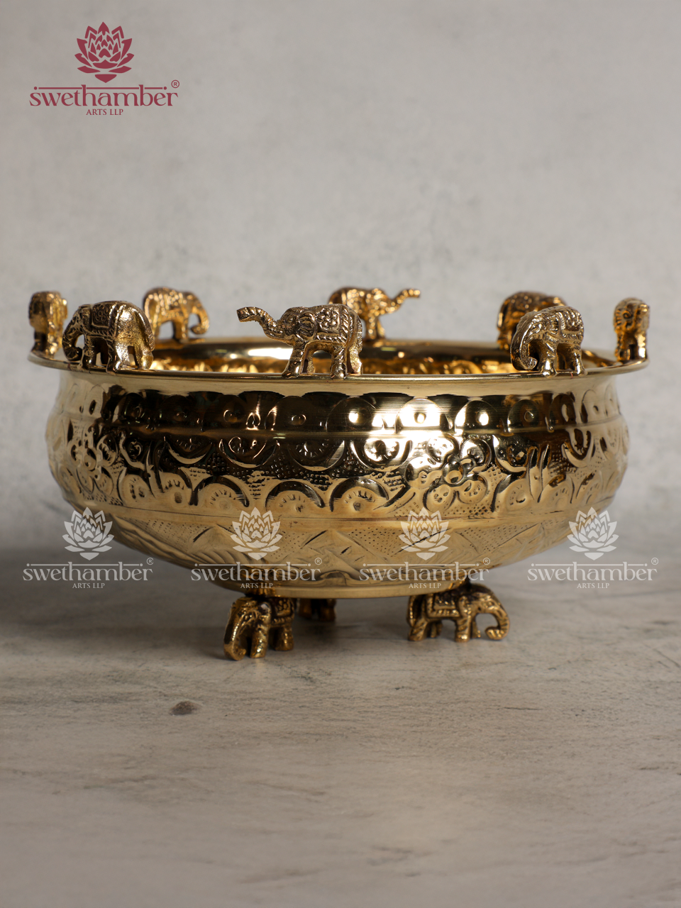 Lightweight Brass Urli with elephant design Decor/ Gifting