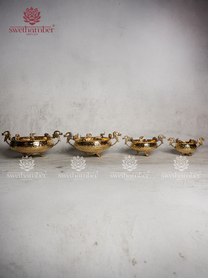 Peacock  & Elephant Design Brass Urli for Festive Home Décor