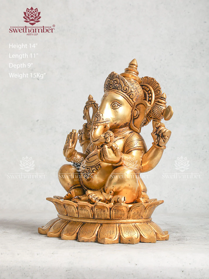 Super Fine Brass Ganesh Statue Sitting on Lotus