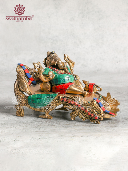 Relaxed Pose Brass Ganesha Statue With Stone Work