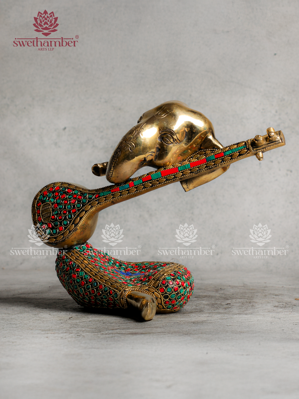 Modern Brass Veena Ganesh with stone work-Gifting/Decor