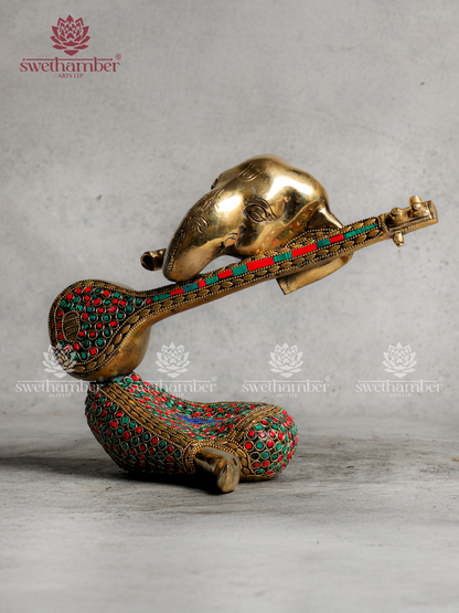 Modern Brass Veena Ganesh with stone work-Gifting/Decor