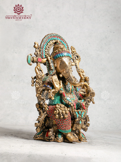 Brass Ganesha on Lotus Base with Stone work