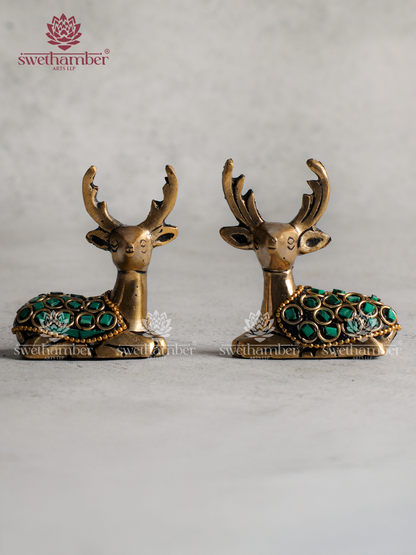 Handcrafted Brass Sitting Deer Statue Pair for Home Décor