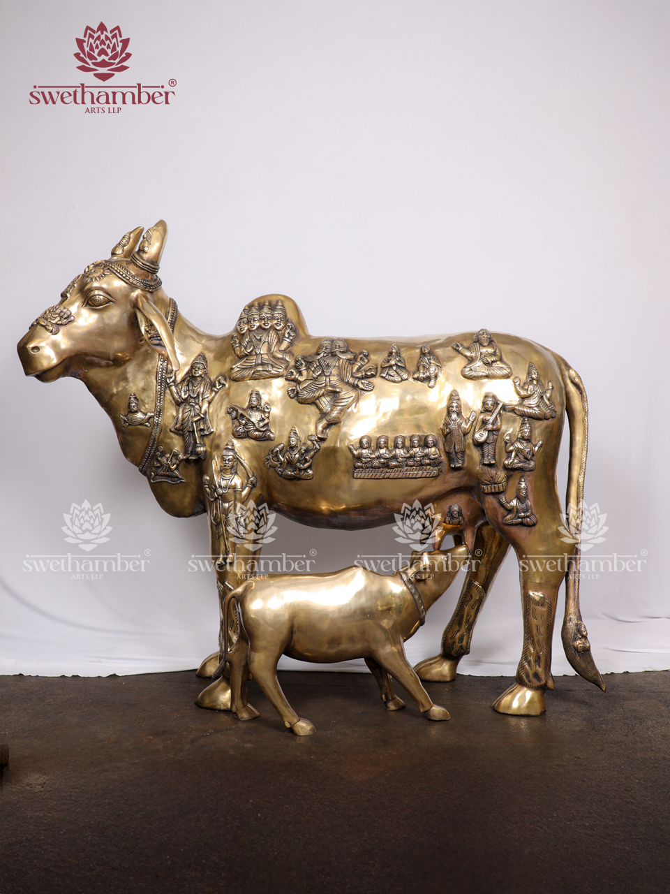 Large Cow and Calf Statue with Embossed Gods | Kamadhenu Brass Idol for Home & Temple