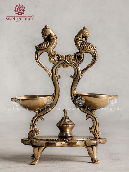 Brass Double Peacock Lamp – Traditional Oil Deepa