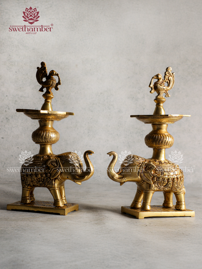 Brass Peacock Deepa on Elephant | Traditional Oil Lamp for Pooja, Vastu & Decor