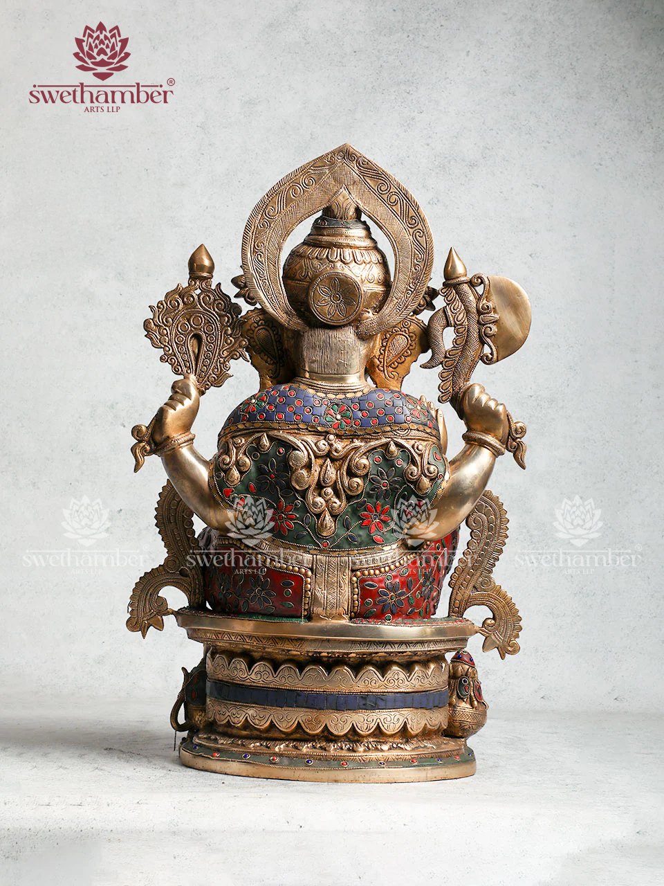 Brass Ganesha Idol With Multi Coloured Stone Work For Pooja & Home Décor