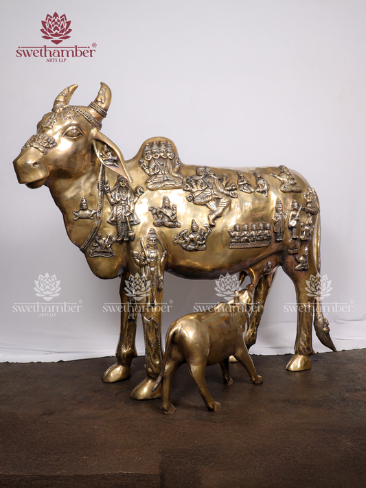 Large Cow and Calf Statue with Embossed Gods | Kamadhenu Brass Idol for Home & Temple