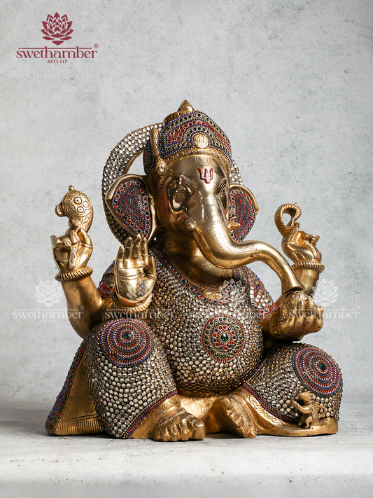 Ganesha Brass Sculpture With Stone Work