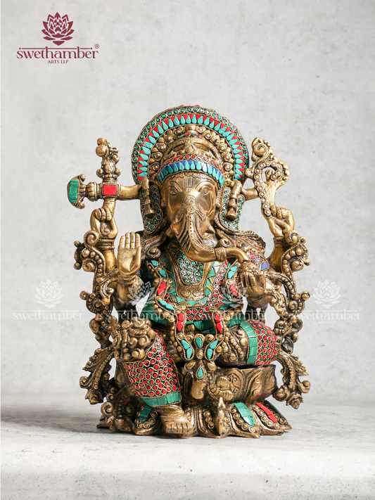 Brass Ganesha on Lotus Base with Stone work