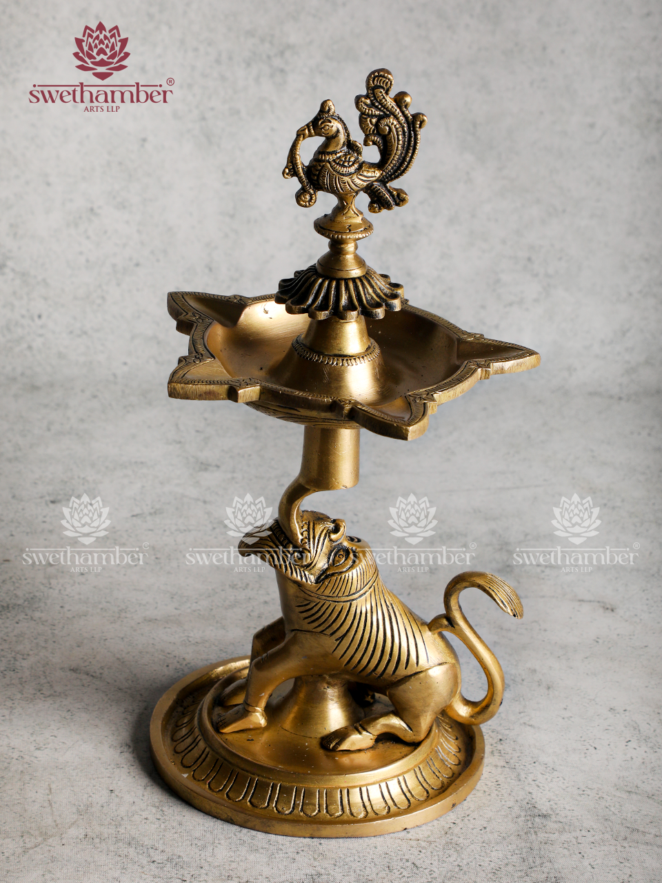 Brass Yali Peacock Lamp with 5 wicks