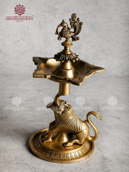 Brass Yali Peacock Lamp with 5 wicks