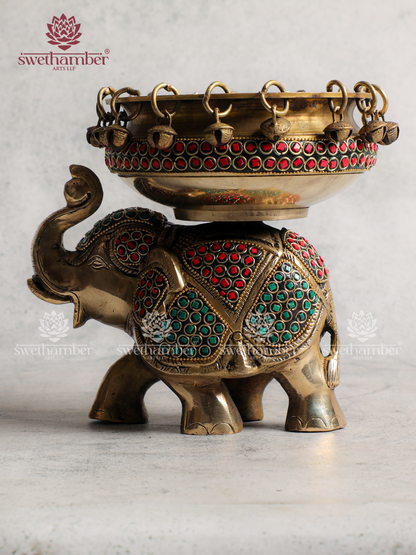 Handcrafted Brass Elephant with Urli for Home Décor