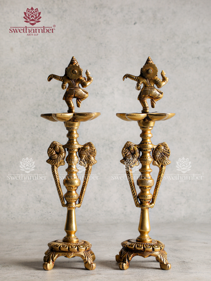 Dancing Ganesha Lamp Set | Brass Dancing Ganapati Deepa for Pooja & Home Décor