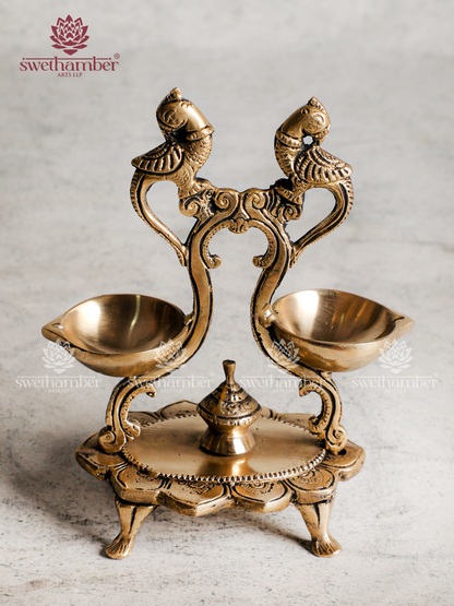 Brass Double Peacock Lamp – Traditional Oil Deepa