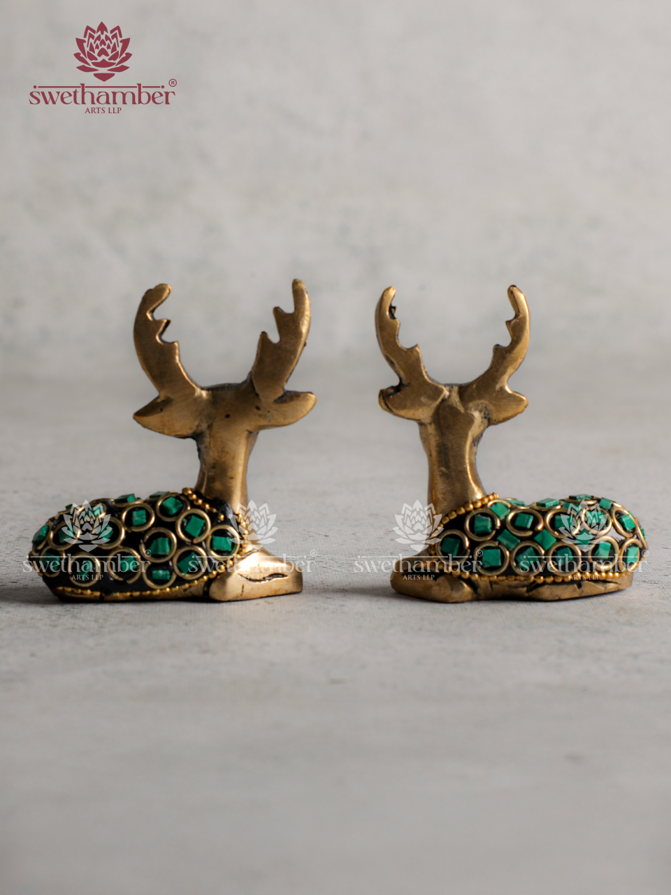 Handcrafted Brass Sitting Deer Statue Pair for Home Décor