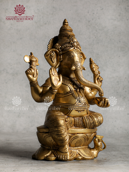 Lord Ganesha Idol Seated on Lotus – Traditional Brass Statue