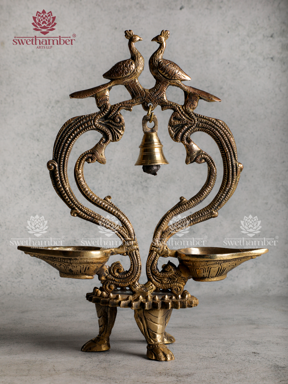 Double Peacock Brass Lamp with Bell– Traditional Deepa