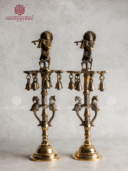 Brass Krishna Lamp Set | Lord Krishna Deepa with Flute for Home Pooja, Vastu & Decor
