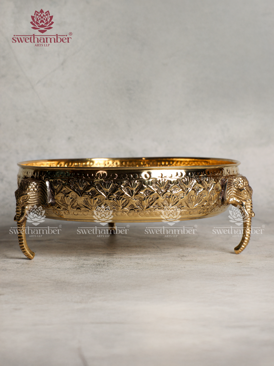 Decorative Brass Urli with Elephant Face Stand