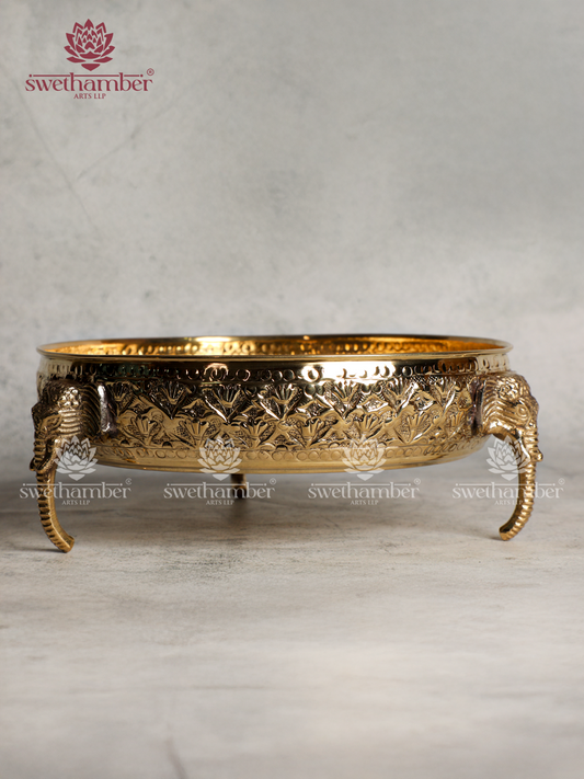 Decorative Brass Urli with Elephant Face Stand