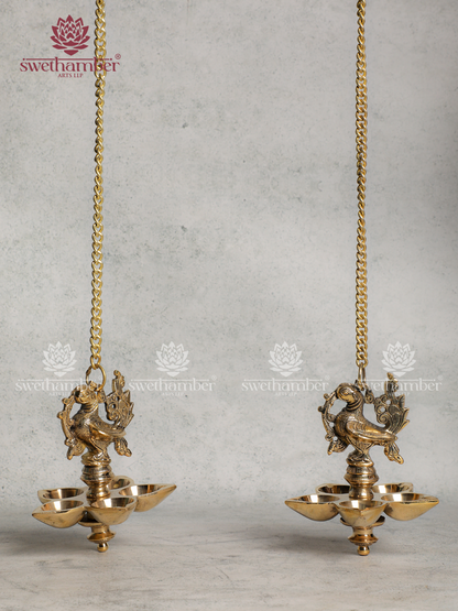 Brass Bird Hanging Oil Lamp Set – Spiritual Pooja Lamp with Chain