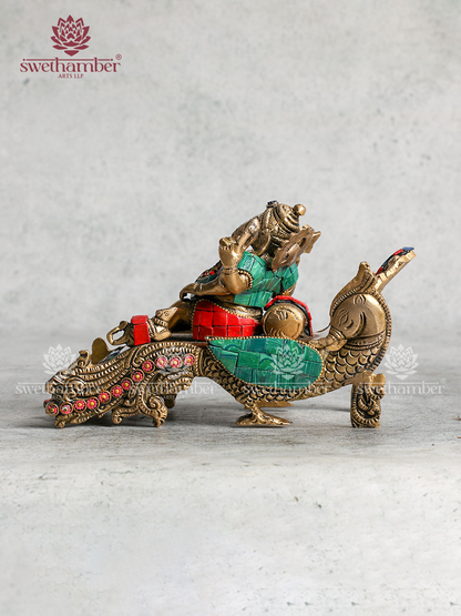 Relaxed Pose Brass Ganesha Statue With Stone Work