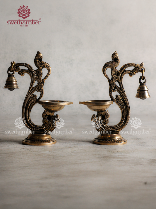 Small Brass Peacock Lamp with Bell for Pooja & Décor
