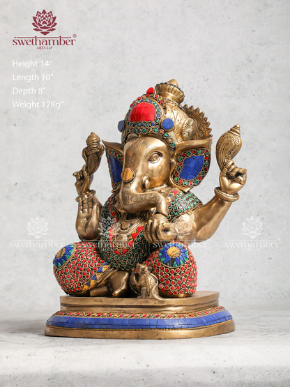 Brass Ganesha  Statue With Stone Work