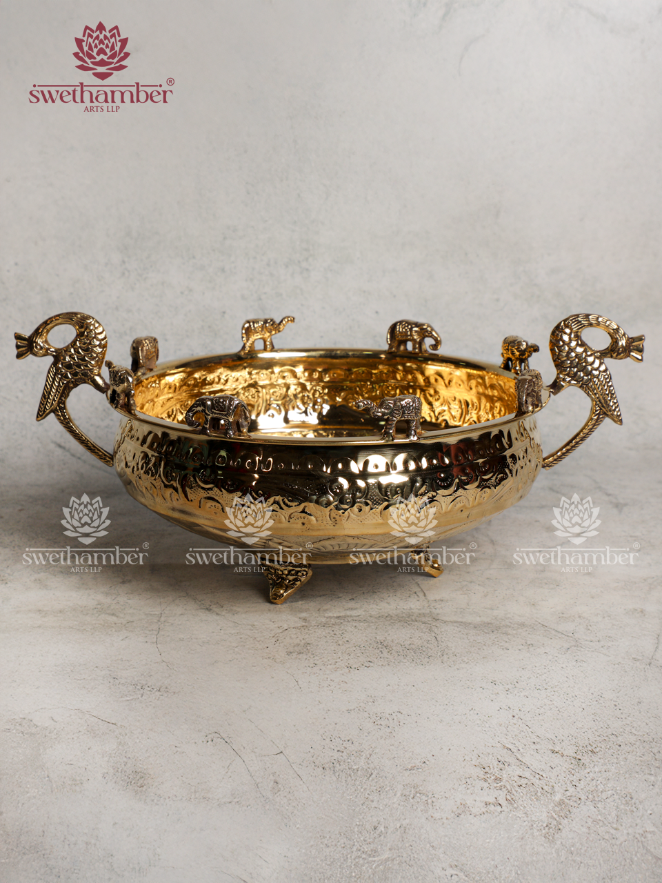 Peacock  & Elephant Design Brass Urli for Festive Home Décor