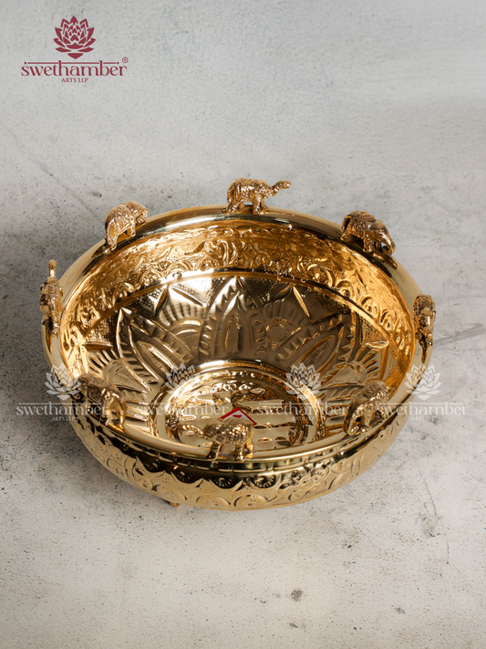 Lightweight Brass Urli with elephant design Decor/ Gifting