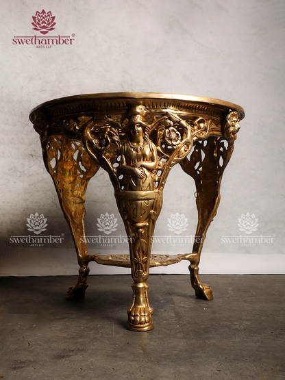 Handcrafted Brass Round Table | Pooja Chowki for Idols, Garden & Dining Use