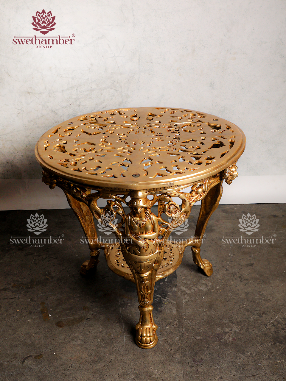 Handcrafted Brass Round Table | Pooja Chowki for Idols, Garden & Dining Use