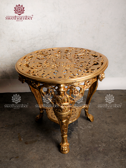 Handcrafted Brass Round Table | Pooja Chowki for Idols, Garden & Dining Use