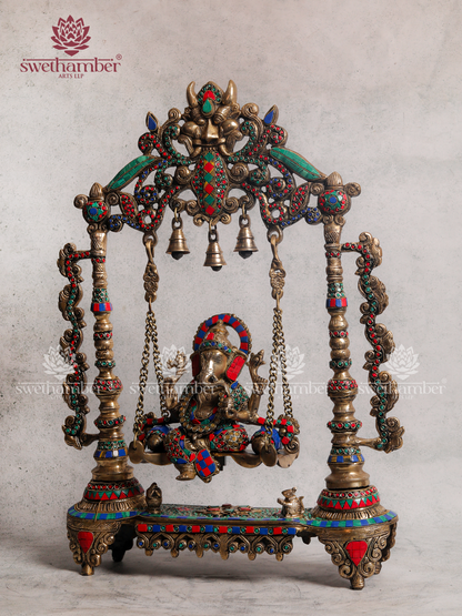 Brass Ganesha on Jhula Idol | Handcrafted Ganpati Swing Murti for Home & Pooja