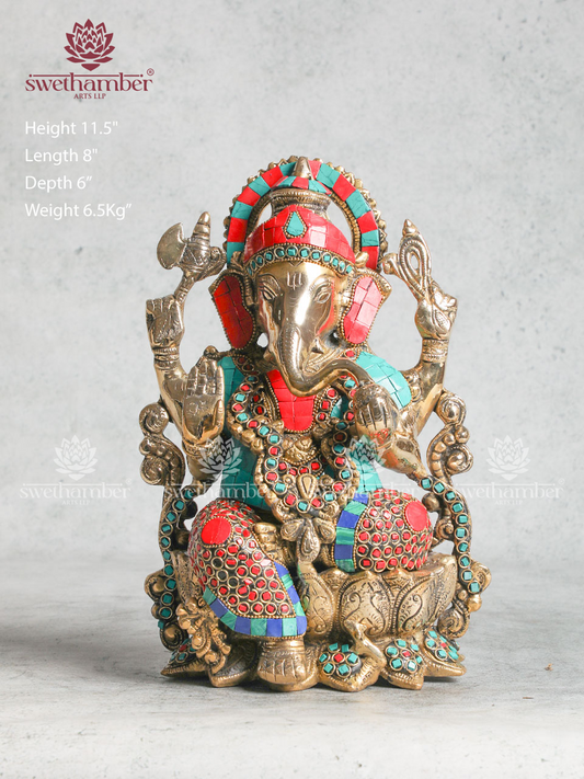 Decorative Brass Lotus Ganesha With Stone Work