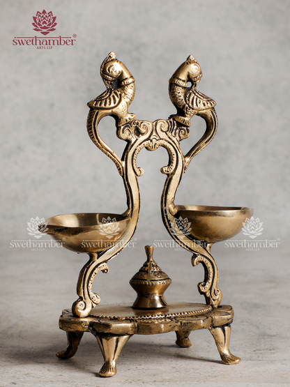 Brass Double Peacock Lamp – Traditional Oil Deepa