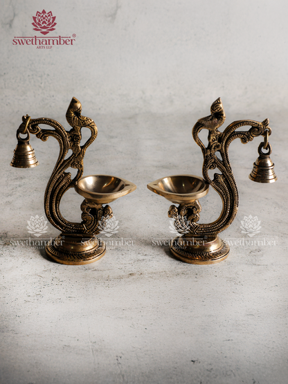 Small Brass Peacock Lamp with Bell for Pooja & Décor