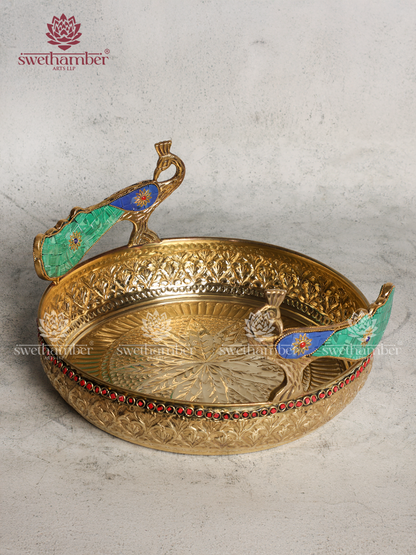 Brass Urli with Peacock on Sides | Traditional Decorative Brass Urli for Home & Pooja