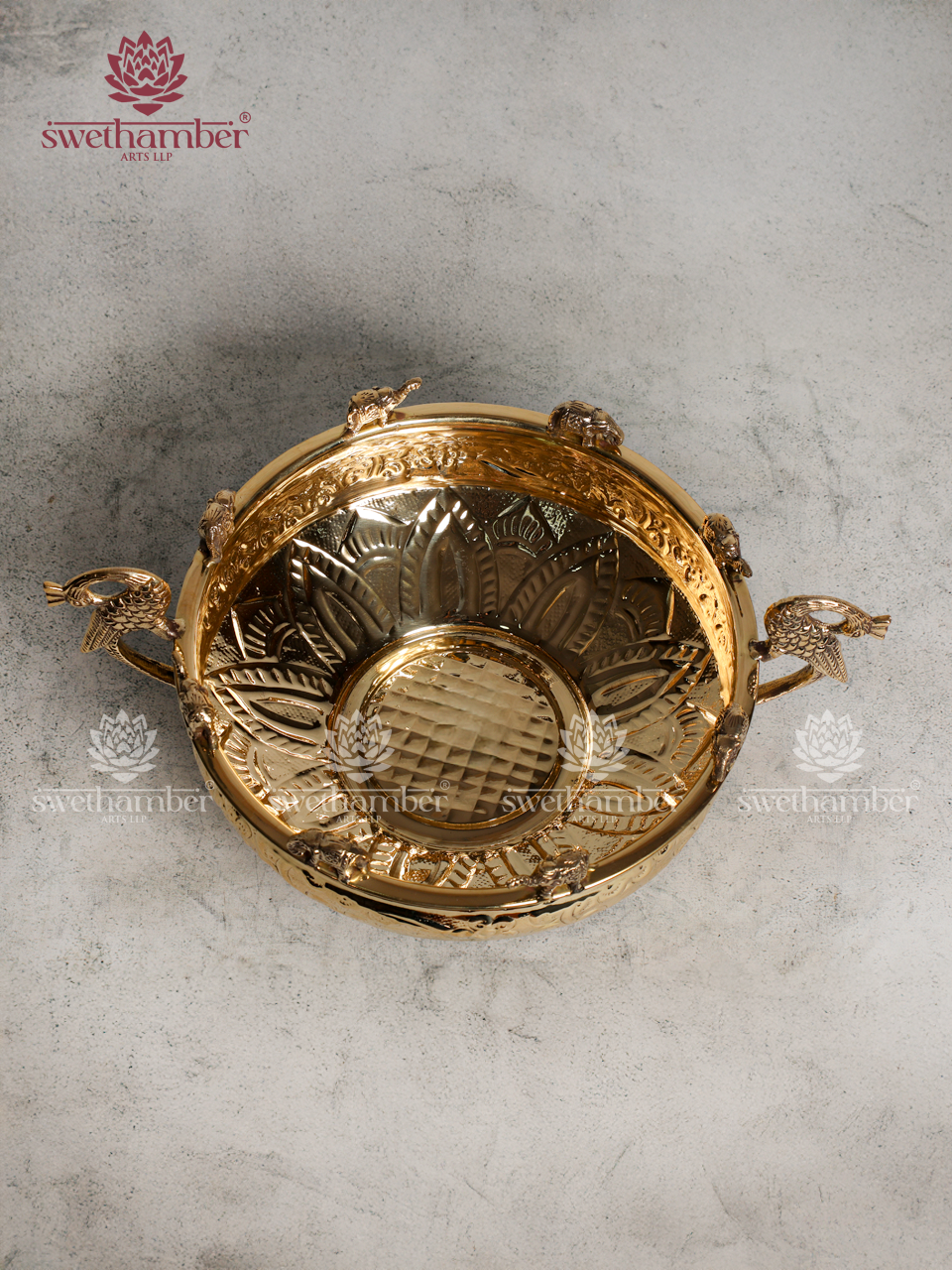 Peacock  & Elephant Design Brass Urli for Festive Home Décor