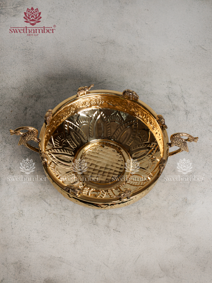 Peacock  & Elephant Design Brass Urli for Festive Home Décor