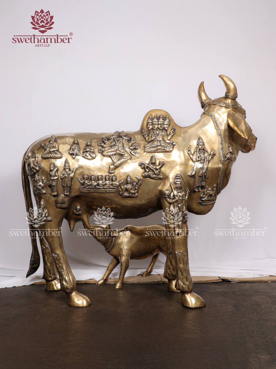Large Cow and Calf Statue with Embossed Gods | Kamadhenu Brass Idol for Home & Temple